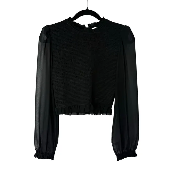 Aritzia Wilfred Tempest Blouse Black Smocked Sheer Sleeve Crop Top Size S - Image 3