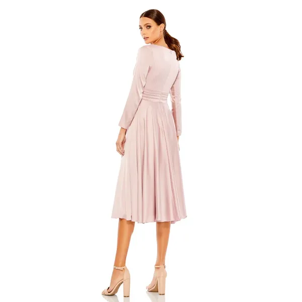 Mac Duggal Pink Satin Velvet Long Sleeve V-Neck‎ Midi Cocktail Formal Dress- NWT - Image 2