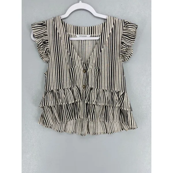 Olivaceous‎ Womens Peplum Top Striped Ruffle Linen Blend Small - Image 2