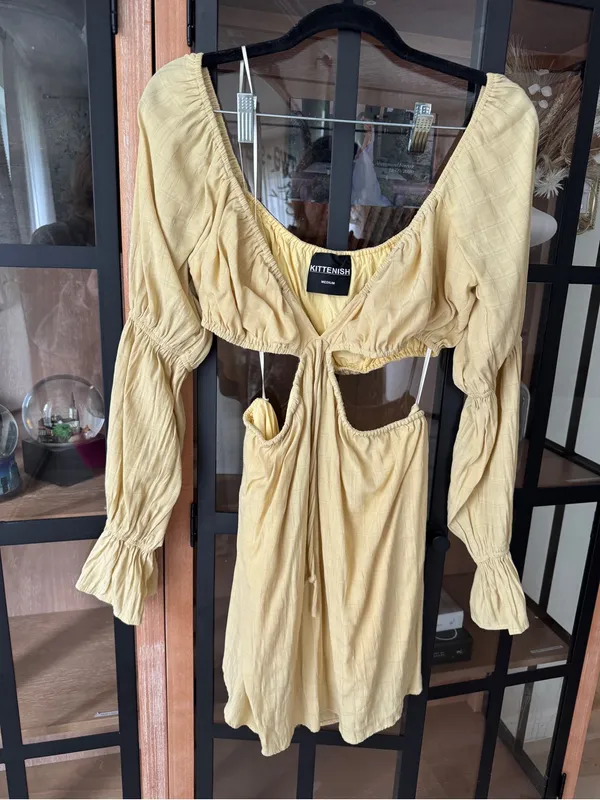 Kittenish mini dress long sleeve cutout vneck open back mustard butter tie front - Image 2