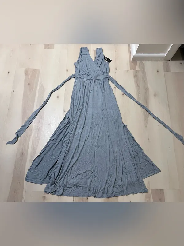 Lulus NWT Women XS Pale Dusty Blue Jersey Knit Surplice Slit Maxi Dress - Image 11