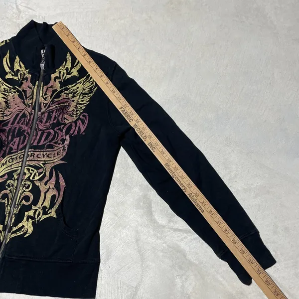Y2K Harley Davidson Women's SZ L Sweatshirt Black Collar Applique Zip AOP - Image 7