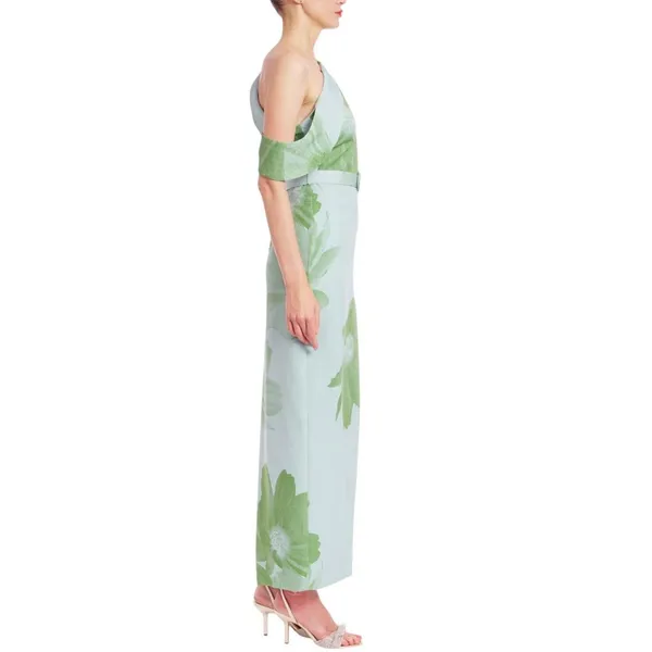 Jewel by Badgley Mischka Asymmetric Belted Floral Print Gown Dress Green Multi 6 - Image 7