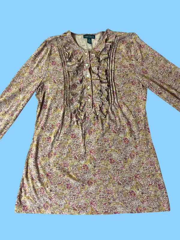 Lauren Ralph Lauren Womens M Paisley Floral Ruffle Blouse 100% Cotton Used - Image 12