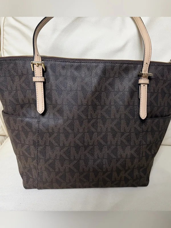Michael Kors Brown MK Monogram Tote with Beige Handles - Image 5