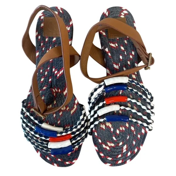 Tory Burch Beaded Espadrille Sandals Red‎ White Blue 7 Nautical - Image 13