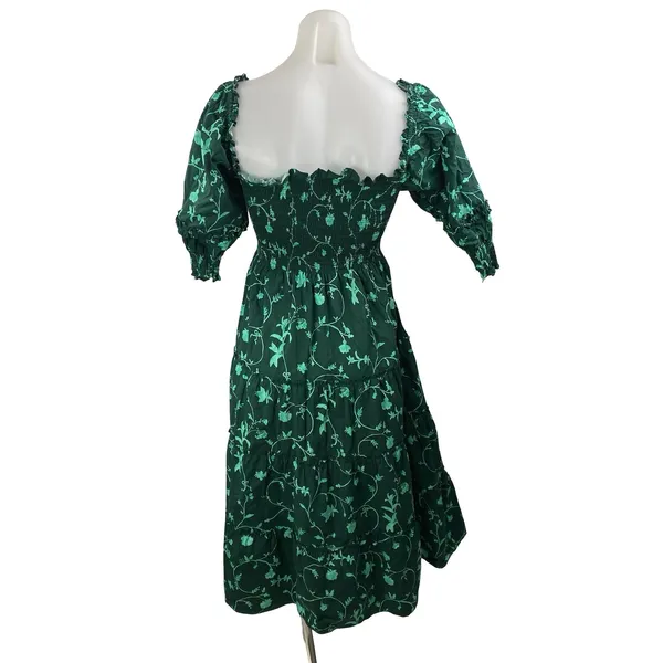Hill House Nesli Green Botanical Smocked Tiered Midi Nap Flare A-Line Dress XXS - Image 4