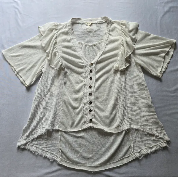 POL Droptail 100% Cotton White Ruffled Distressed Oversized Women's Top Size L‎ - Image 4