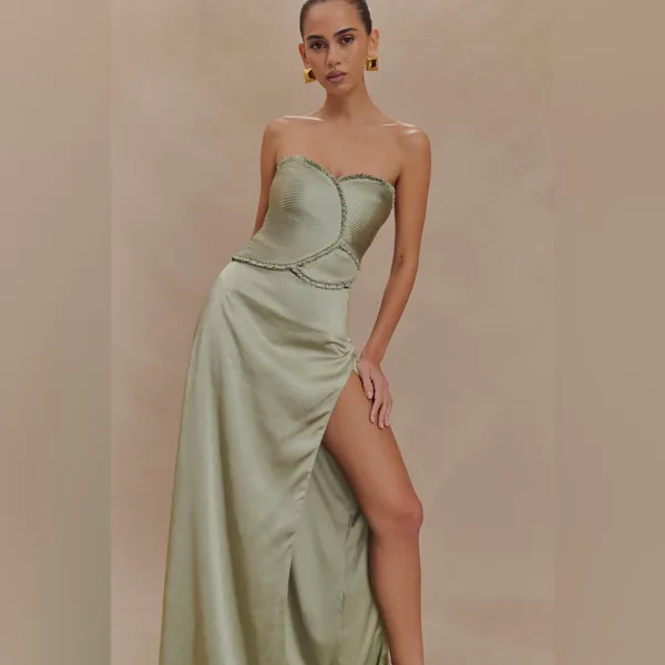 NEW Meshki Sage Green Ruched Petals Larissa Strapless Satin Maxi Dress - Image 12