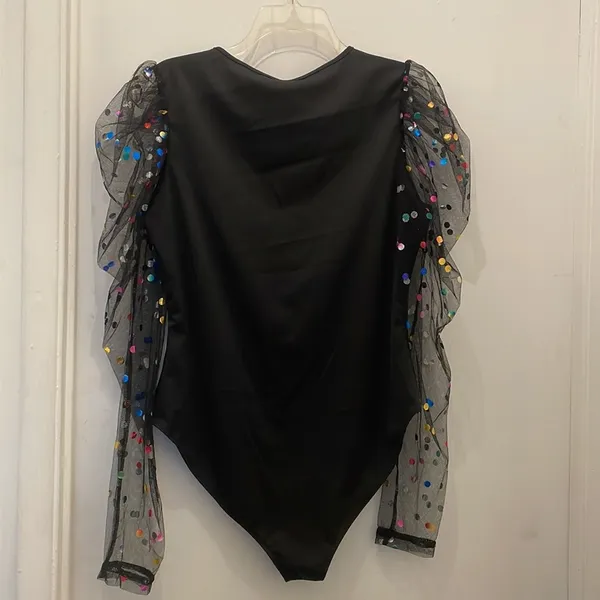 - New puff sleeves statement top sheer sleeves polka dot print bodysuit L - Image 9