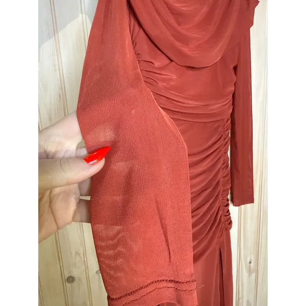 NWT Lulus Darla Rust Red Mesh One-Shoulder Long Sleeve Maxi Dress Bridesmaid S - Image 4
