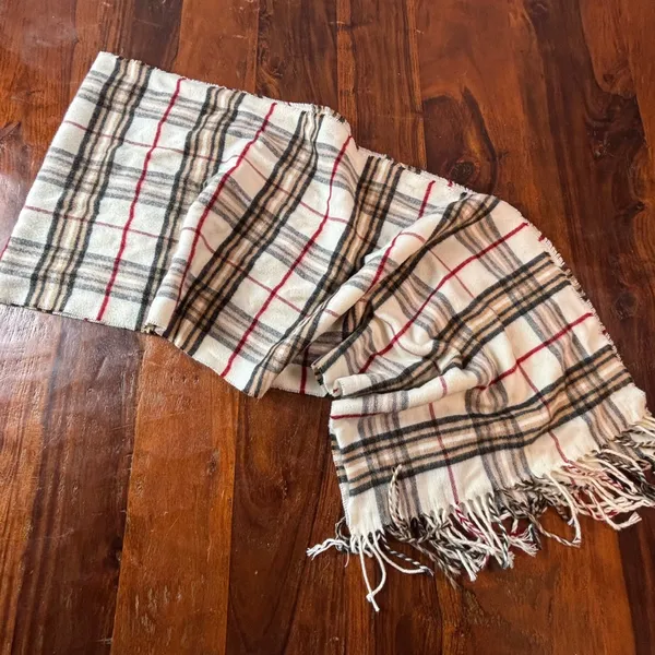 V. Fraas Cashmink Plaid Scarf Cream Tan Red Black Made in Germany‎ Unisex 64x12 - Image 4