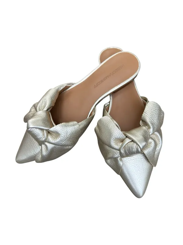 REBECCA MINKOFF Metallic Gold Leather Mules Modern Glam Pointed Toe Knot Bow 7M - Image 2