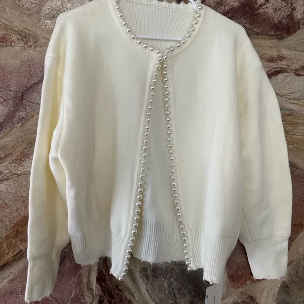 Commense Pearl Trim Ripped Hem Cardigan size large - Image 3