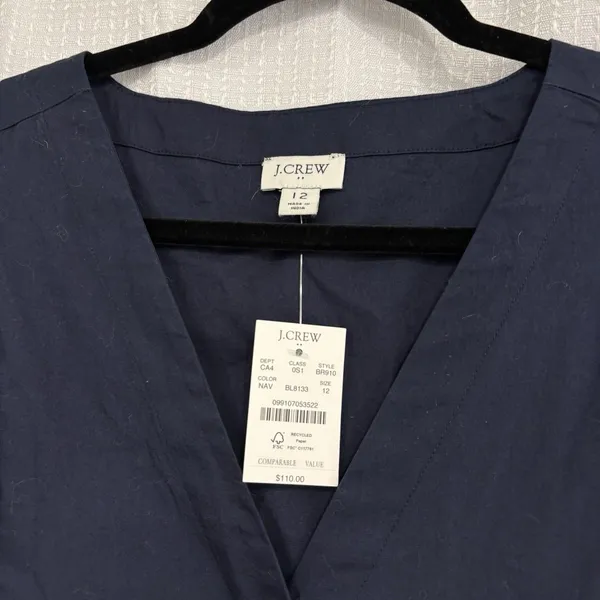 Jcrew Dress Size 12 Navy Blue Sleeveless Cotton Vneck Tie Waist NWT - Image 4