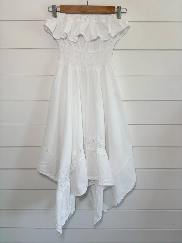 SEASPICE White Off-Shoulder Ruffle Sundress Peruvian‎ Cotton Handkerchief Hem M - Image 6