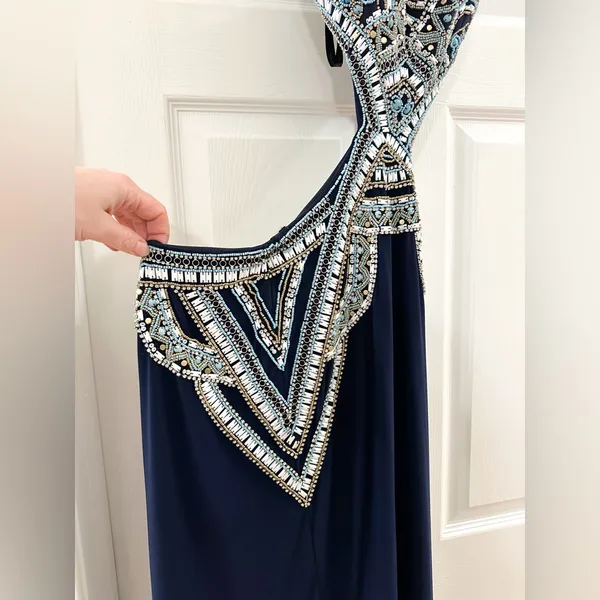 Sherri Hill 50297 Beaded Top Cutout Mermaid Formal Prom Gown Navy Blue Sz 4 - Image 8