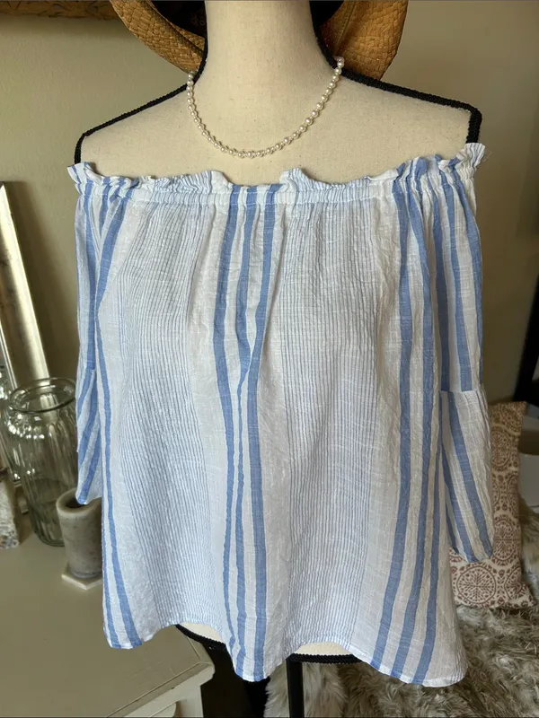 Girl krazy 100% cotton off shoulder coastal Beach boho stripe white blue top M - Image 2