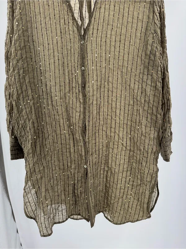 ZARA Woman's Sequin Oversized Tunic Top Shirt Olive Green M sheer casual coverup - Image 5