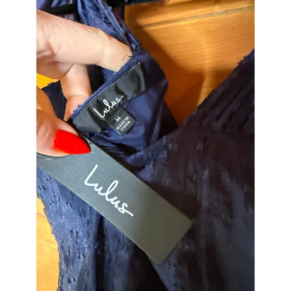 NWT Lulus Blissful Direction Navy Tie-Strap Clip Dot Bustier Midi Dress Gala M - Image 7