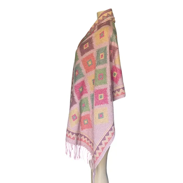 Mexican Artisan Reversible Woven Poncho Multicolor Geometric Boho Shawl Wrap - Image 5