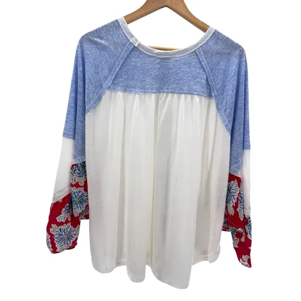 Kori America Colorblock Boho Top Blue‎ White Floral Patchwork Sleeves L - Image 6