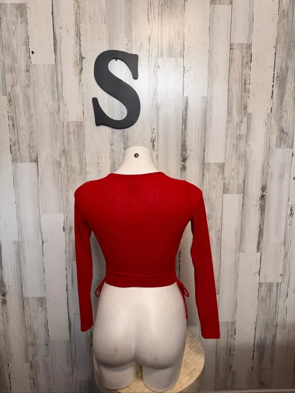 Windsor Red Ribbed Surplice Wrap Top Womens Small Ruched Tie Sides Long Sleeve - Image 3