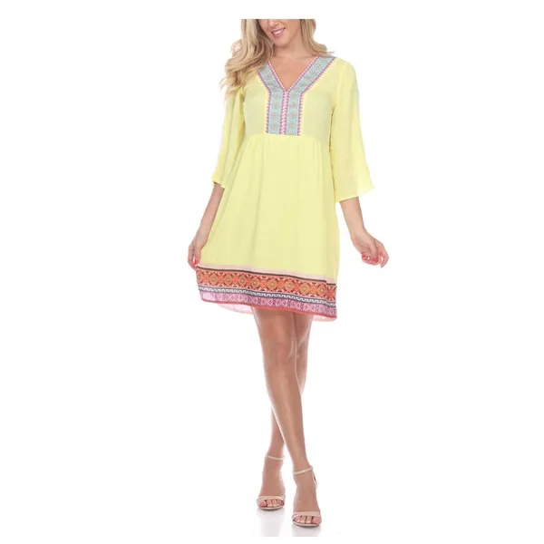 White Mark Yellow Embroidered Tunic Dress L Boho Kimono Sleeve Beach Coverup - Image 12
