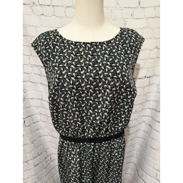 LOFT Black/green/cream Leaf Floral Print Grosgrain Waist Dress Size Large - Image 2