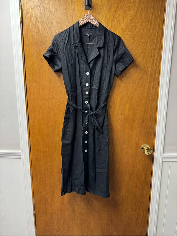 Quince 100% European Linen Button Front Short Sleeve Tie Midi Dress Black Small - Image 14