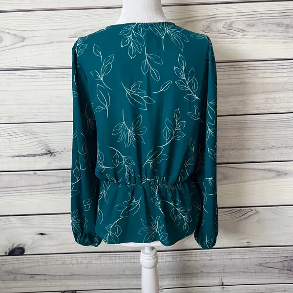 Lush Teal Floral Long Sleeve Peplum V Neck Wrap Blouse - Image 5