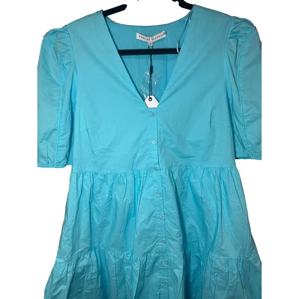 English Factory NWT V-Neck Button Down Babydoll Dress Puff Sleeve Blue Sz Medium - Image 3