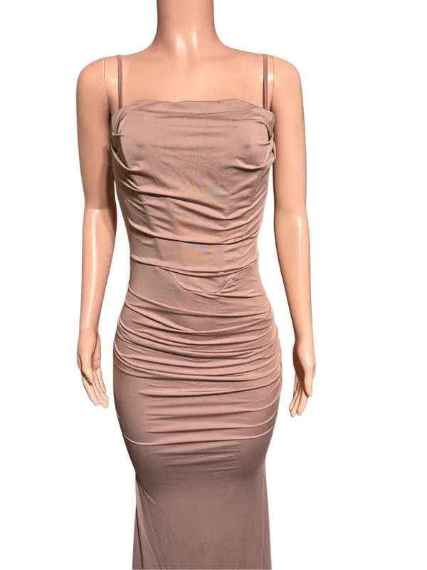 Marthea sleeveless bodycon corset maxi dress/ spaghetti strap ruched mocha dress M - Image 6