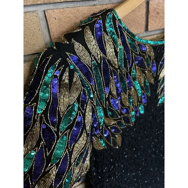 VTG 80s Stenay Women Black Silk Sequin Bead Cocktail Party Dress Sz 10 P Evening - Image 2