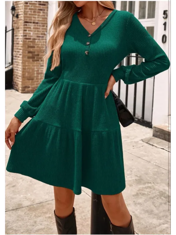 NEW Super Soft Long Sleeve Sweater Button V Neck Knit Ribbed Dress XL - Image 7