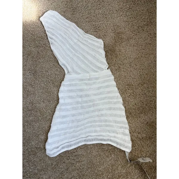 Women White One Shoulder Crochet‎ Swim Cover Up Dress Asymmetrical Size S - Image 3