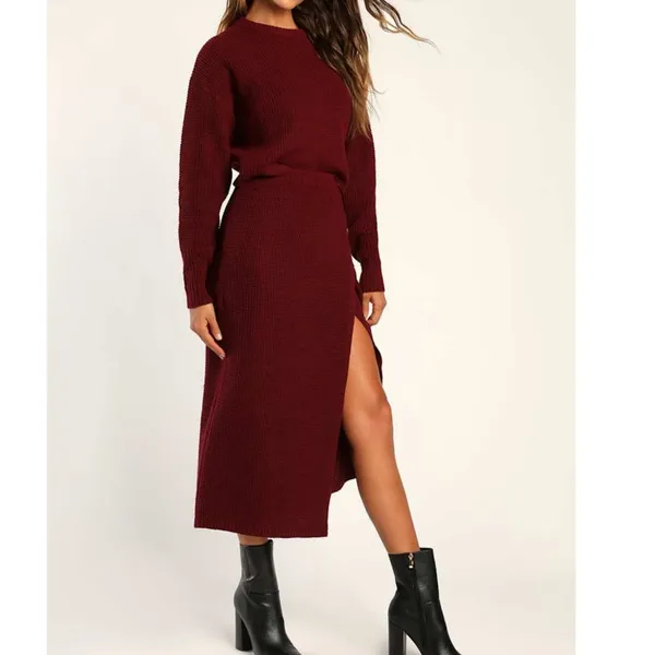 NEW Lulus Autumn Sweetheart Burgundy Waffle Knit Two-Piece Sweater Dress Medium - Image 2