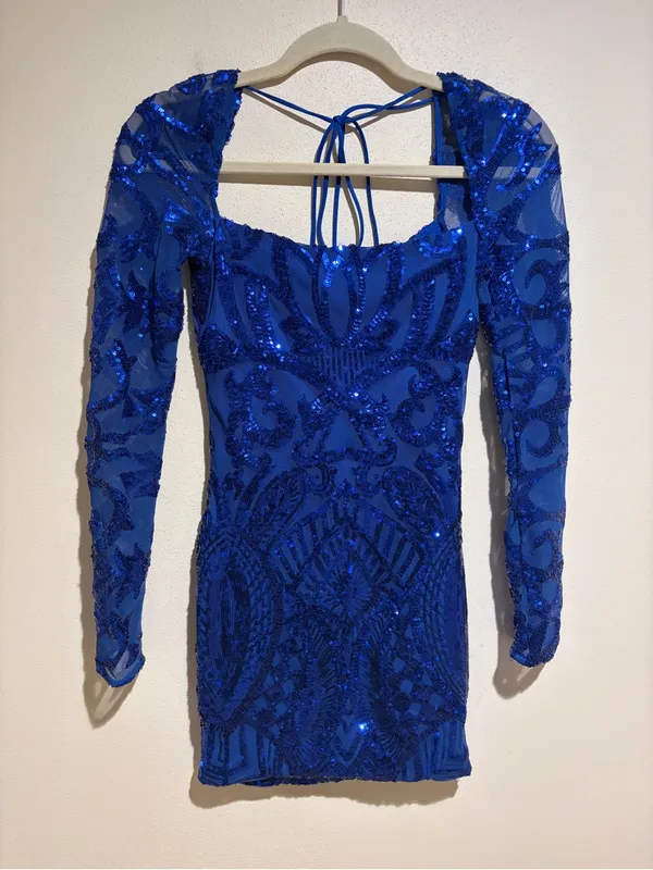 Lucy in the Sky Sequin Square Neck Bodycon Homecoming Dress Royal Blue Small - Image 6