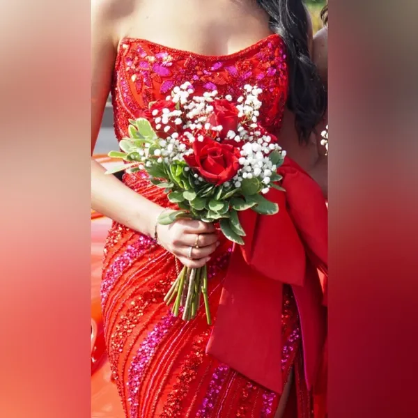 Sherri Hill Red/Fuchsia‎ Sweetheart Neck Beaded w/Bow Skirt Slit Homecoming Sz 4 - Image 2