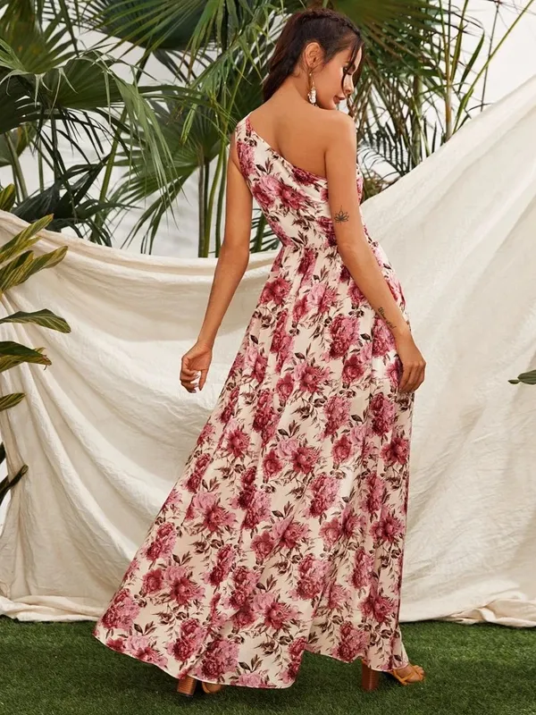 SHEIN One Shoulder Pink Floral Maxi Dress Size Medium - Image 2