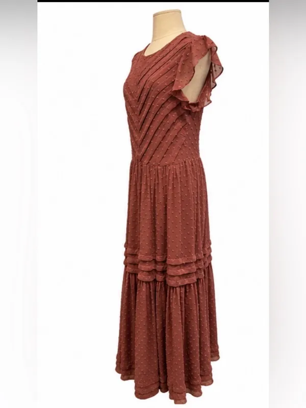 Bohme Swiss Dot Tiered Maxi Dress Rust Mauve Size Medium NWOT - Image 4