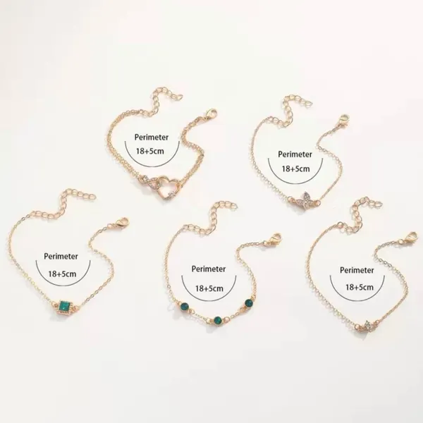 Set of 5 Elegant Gold and Emerald Bracelets - Butterfly and Heart (NEW) - Image 3