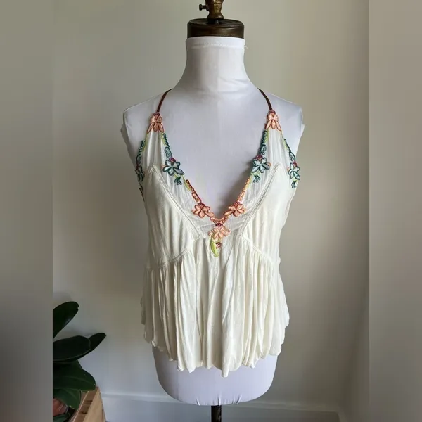 Free People Island Time Floral V Neck Tank Top Ivory Leather Straps - Image 2