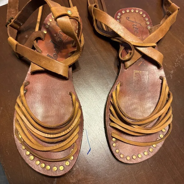 933|Free People Studded Boho Hippie Leather Gladiator Sandals Brown Women 37 6.5 - Image 9