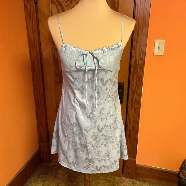 Cider Silver Satin Floral Mini Dress Lace Trim Slip Dress Spaghetti Strap - Image 5