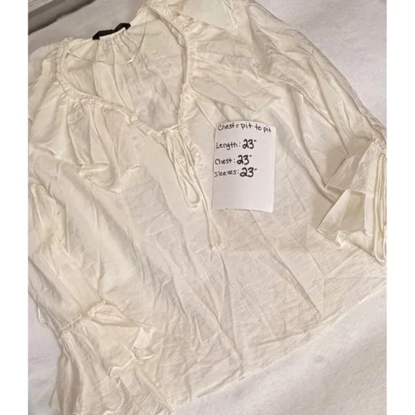 Zara White Boho Ruffle Tie Neck Blouse Bell Sleeve Peasant Top XS Semi Sheer NWT - Image 5
