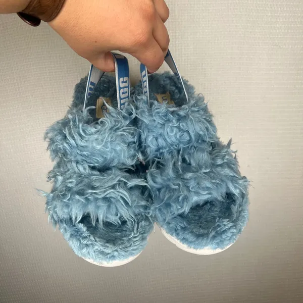 UGG Fluffita Blue Shaggy Faux Fur Platform Slingback Slide Sandals Womens 7 - Image 2
