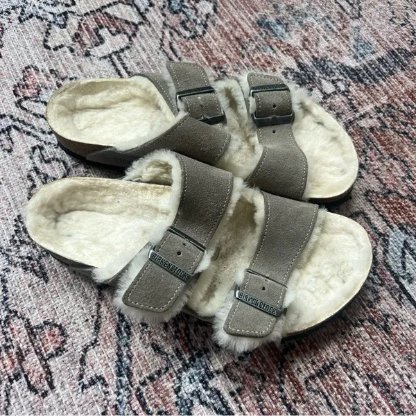 Birkenstock Arizona Shearling Sandals Suede Stone Coin Size 8.5 US 39 - Image 4