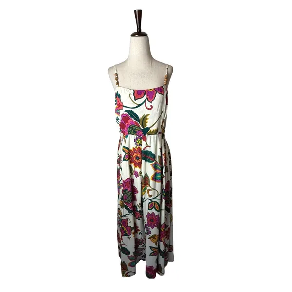 MSK Floral Maxi Dress Women Large Cream Ivory Square Neck Beaded‎ Straps Boho - Image 2