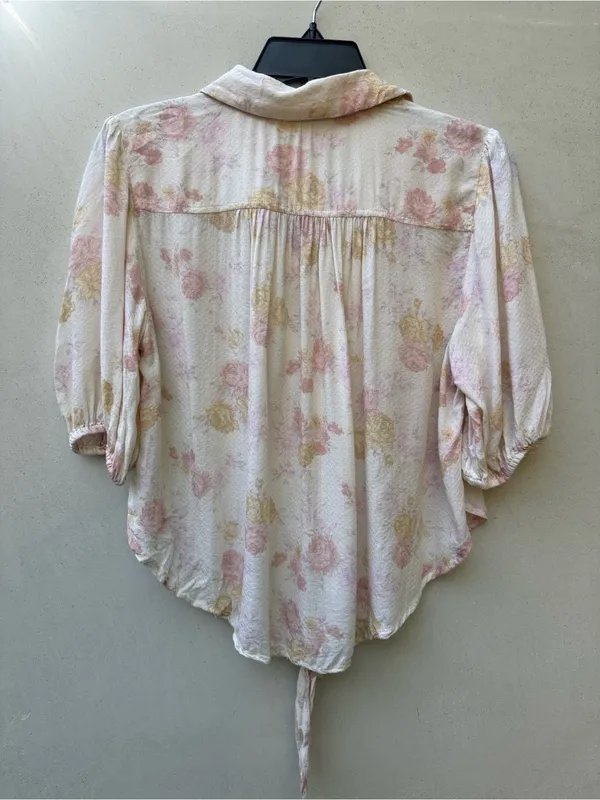 Free People Celia Printed Floral Blouse Ivory Pink Tie Front Puff Sleeve S - Image 3